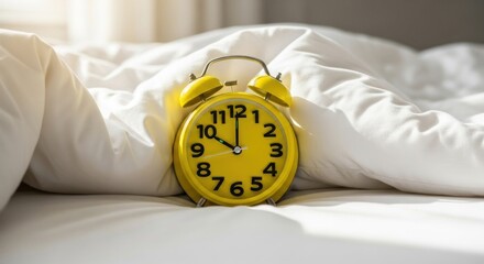 A yellow alarm clock sits on a bed, indicating the time, with sunlight.