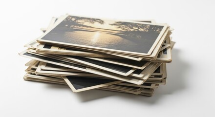 A stack of old black and white postcards with landscape scenes, piled on a white surface, casting shadows.