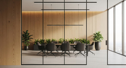 Modern office meeting room, wood wall, glass partition, black chairs, plants, showcasing minimalist design, ideal for business or corporate settings
