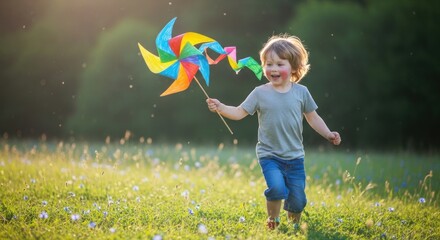 A young boy runs through a grassy field holding a colorful pinwheel, smiling happily.