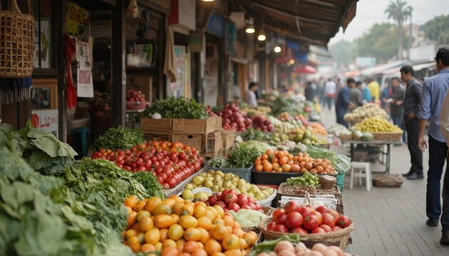 Outdoor market with vendors displaying fresh fruits, vegetables. Vibrant produce on display for sale on street with buildings in background. Fruits include red apples, oranges. Green vegetables like