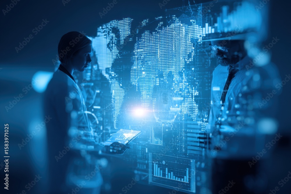 Poster data exchange, digital technology background, software development, cloud computing. business intell