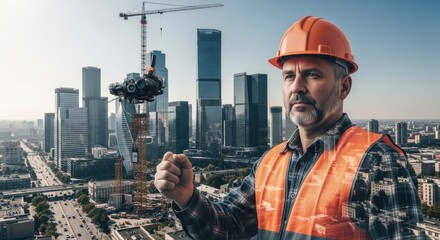 A construction worker poses with a cityscape and crane in the background.