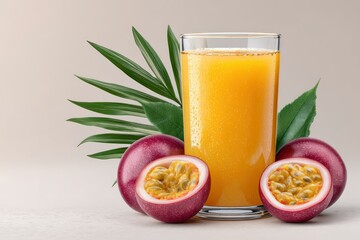 Fototapeta premium Refreshing passion fruit juice with tropical accents and white space