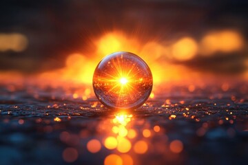 A captivating crystal ball reflects a fiery sunset, radiating warmth and illuminating the foreground with captivating light.