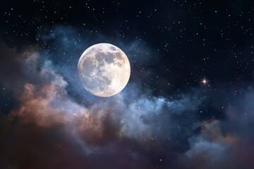 Fototapeta premium Full moon on sky with stars. Image in high resolution. Bright lunar satelite