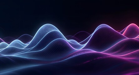 Abstract digital wave pattern with glowing dots in blue and magenta hues. Dark background. Illustrative representation of data or sound visualization.