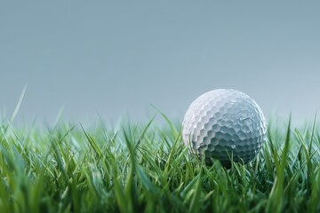 Golf ball on grass in fairway green background. Banner for advertising with copy space. Sport and athletic concept. 3D illustration rendering