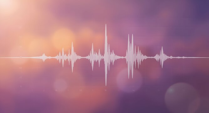 Abstract waveform graphic on a blurred colorful background suggesting sound or audio visualization concept. Graphic audio wave in motion with bokeh effect.