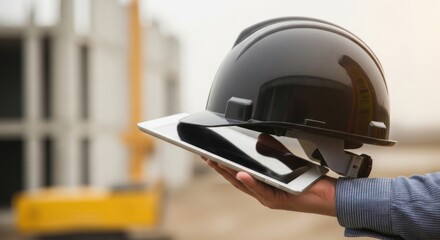 A construction worker's hand holds a tablet and a hard hat in front of a building site.