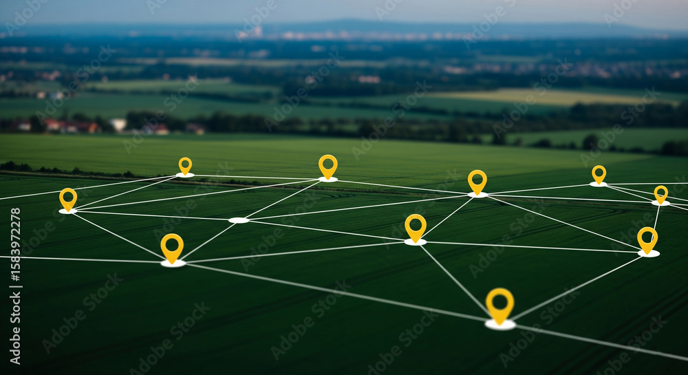 Poster aerial view of interconnected location markers over green field, symbolizing network, connectivity, 