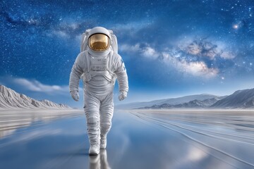 Lone astronaut in white eva spacesuit on spacewalk