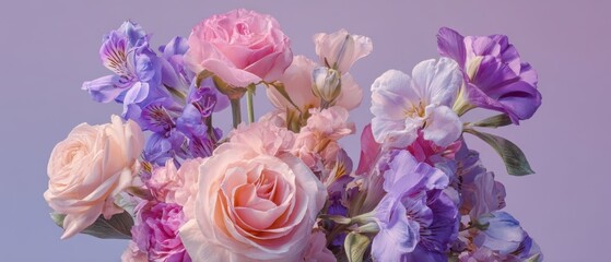 The vibrant bouquet of pastel roses and lilacs in full bloom.