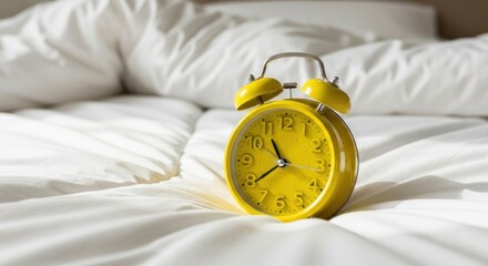 A yellow alarm clock sits on a white, rumpled bed, ready to wake.