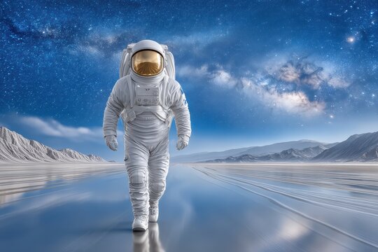 Lone astronaut in white eva spacesuit on spacewalk