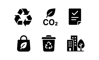 Sustainable eco icons: recycling, carbon reduction, renewable energy concepts in silhouette design