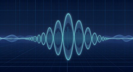 Abstract digital wave pattern in neon blue with a grid background. The image showcases a visualization of sound or data transmission creating a futuristic ambiance.