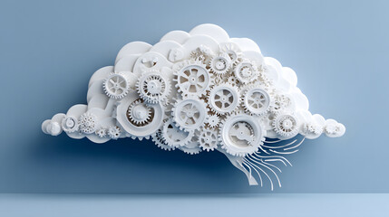 White cloud with intricate gears on blue background