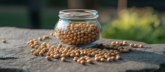 Fresh beans inside glass jar placed on stone surface