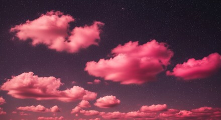 Pink fluffy clouds float across a dark, dusky, and starry night sky.