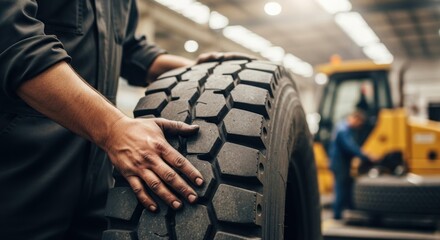 Mechanic inspecting a large tire with deep treads in a garage setting, with a vehicle visible in the background.