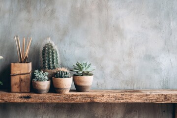 Home interior design room decor with mini potted plants cactus and succulent plants on wooden shelf on concrete wall loft style background