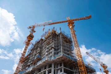 High-rise building under construction. Platform with cranes against blue sky