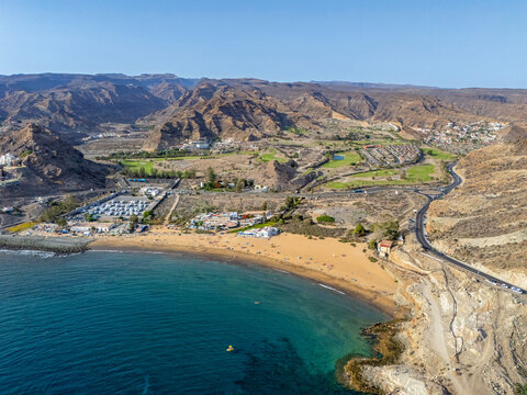 Hi Quality Aerial image of Playa De Tauro beach, Puerto Rico on the island of Gran Canaria, Canary Islands, Spain. 11th July 2025.