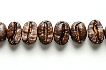 Highly detailed coffee beans arranged in row on white surface