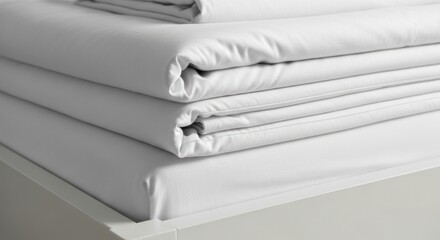 Neatly stacked, crisp white bedding sheets and pillowcases rest on a white surface.
