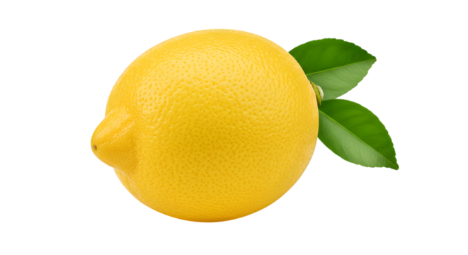 A Bright Yellow Lemon with a Bumpy Zesty Peel and a Single Green Leaf on isolated transparent background.