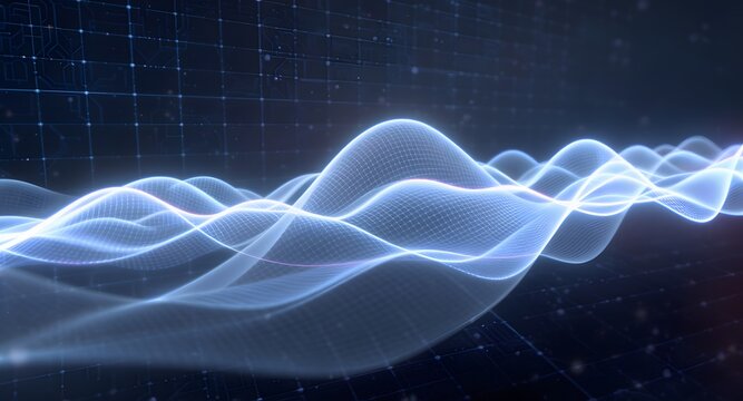 Abstract digital wave pattern in blue hues with a blurred background representing data flow and technology concepts.