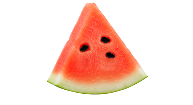 A Juicy Triangular Wedge of Summer Watermelon with Black Seeds and a Striped Rind on isolated transparent background.