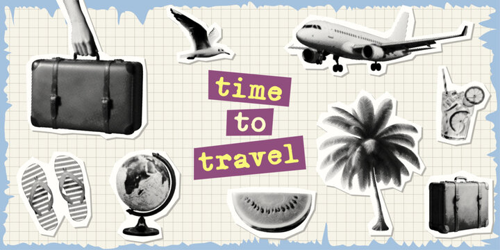 time to travel concept collage set with summer vacation elements suitcase airplane seagull flip-flops globe watermelon slice palm tree refreshing drink isolated retro halftone dotted cut-out design