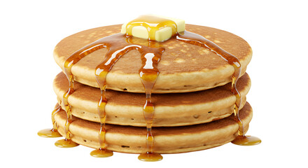 A Delicious Stack of Fluffy Buttermilk Pancakes with Melting Butter and Dripping Maple Syrup on isolated transparent background.