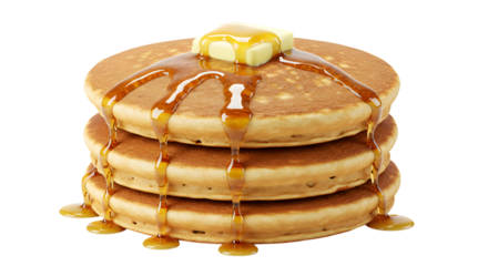 A Delicious Stack of Fluffy Buttermilk Pancakes with Melting Butter and Dripping Maple Syrup on isolated transparent background.