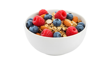 A Healthy Bowl of Crunchy Oat Granola with Fresh Berries and Sliced Almonds on isolated transparent background.