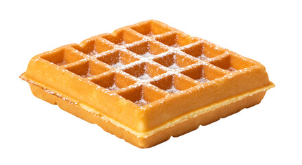 A Single Crispy Golden Belgian Waffle with Deep Pockets Dusted with Powdered Sugar on isolated transparent background.