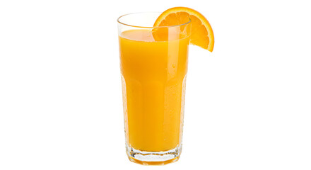 A Tall Chilled Glass of Freshly Squeezed Orange Juice with Condensation and a Garnish on isolated transparent background.