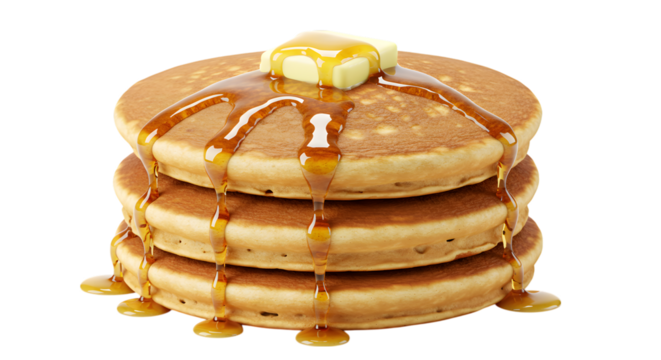 A Delicious Stack of Fluffy Buttermilk Pancakes with Melting Butter and Dripping Maple Syrup on isolated transparent background.