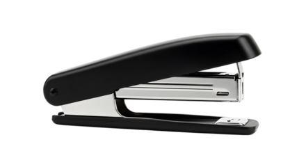 A Classic Black Office Stapler for Binding Documents and Paperwork Together on isolated transparent background.