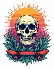 Vector illustration of a skull and skateboard t-shirt design with plant and sun ornaments. AI Illustrator