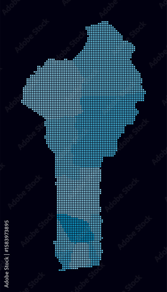 Poster benin dotted map. digital style map of the country on dark background. benin shape with square dots.