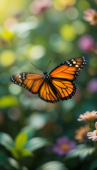Fototapeta premium Monarch Butterfly Amidst Floral Bloom in Tranquil Garden