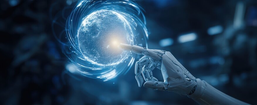 The robotic hand reaching out to connect with a glowing holographic globe.