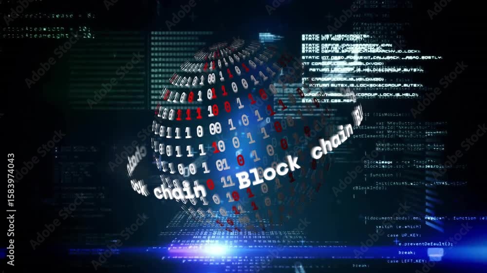 Aufkleber code panels fading in, 3d binary globe emerging and blockchain ring rotating to show data security