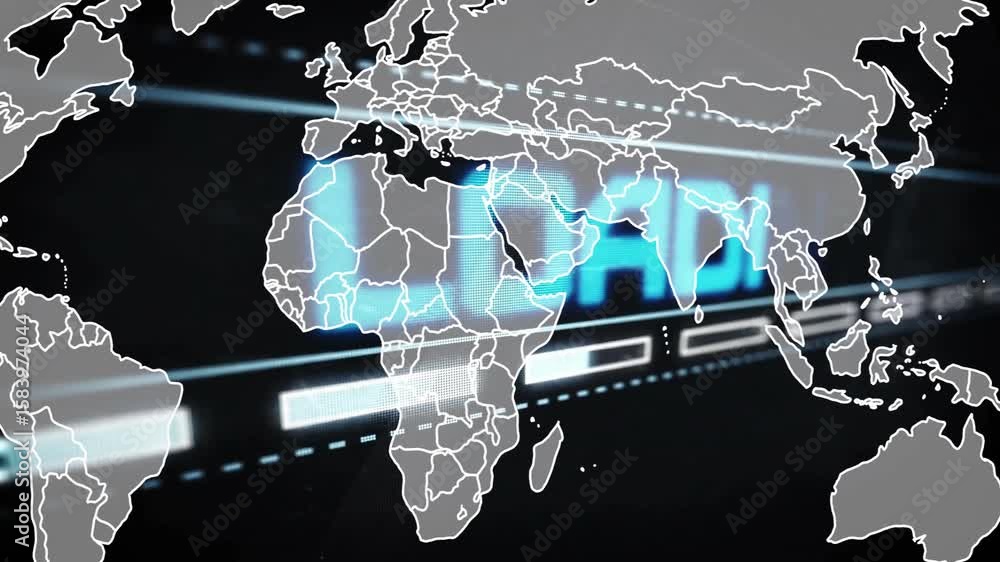 Poster on start world map fading in loading text sliding and bars filling indicating progress
