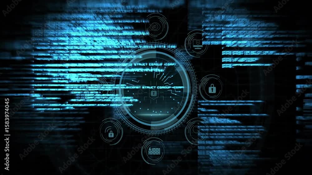 Poster code fragments glitching hiding cybersecurity shield, fading revealing circular interface with lock