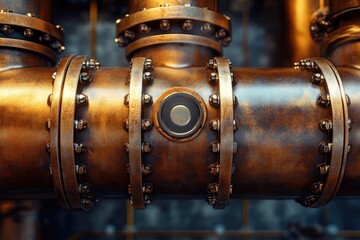 Close-up of intricately designed copper pipes with bolted flanges and a central circular element, displaying a steampunk aesthetic.