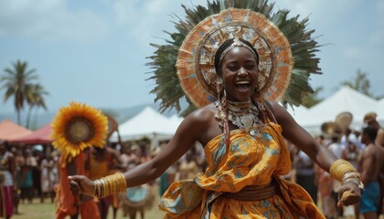 Fototapeta premium Woman in vibrant yellow traditional African attire dances at outdoor festival surrounded by crowd with colorful umbrellas. Beach with palm trees, blue sky create festive atmosphere.